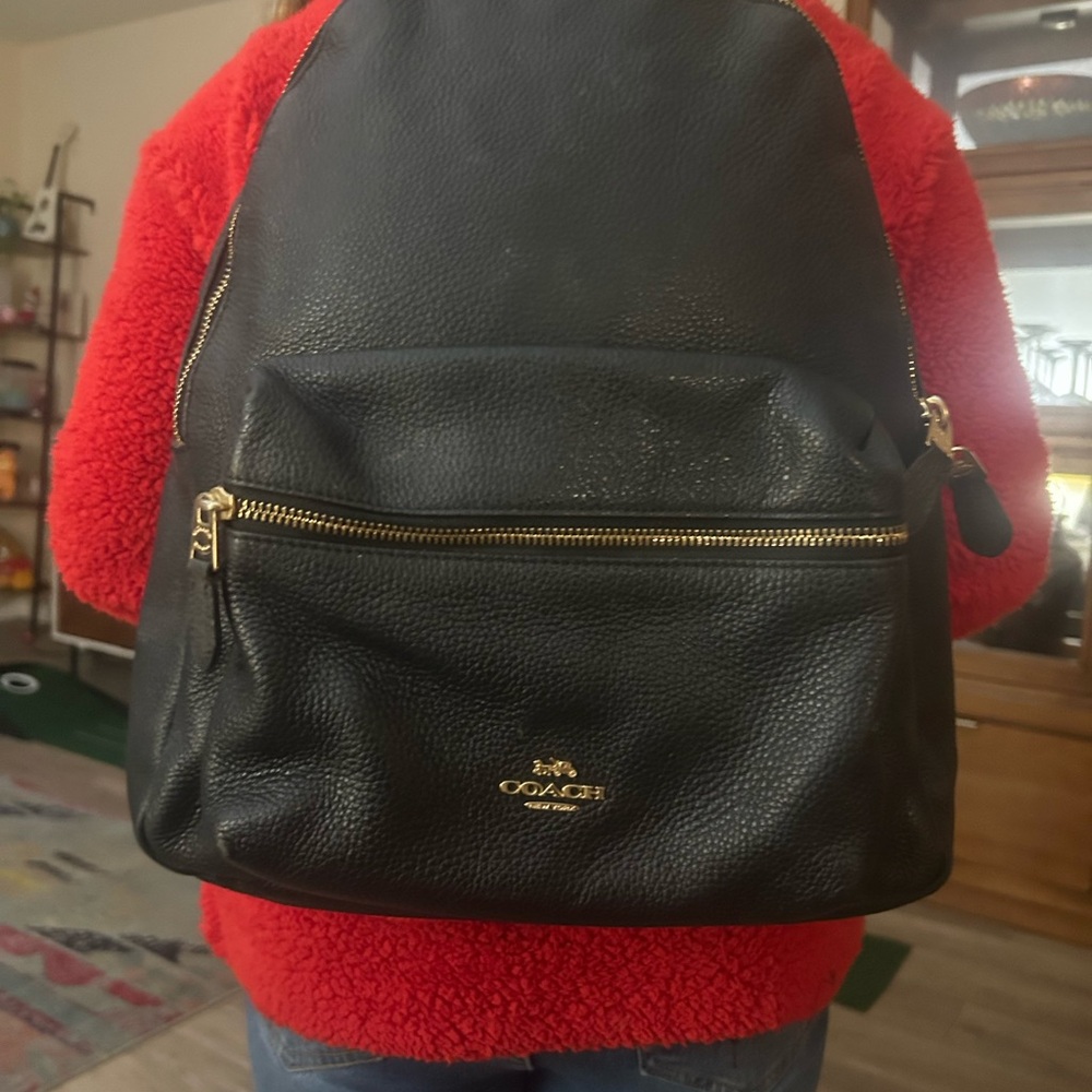 Coach Black Leather Backpack with Gold Hardware